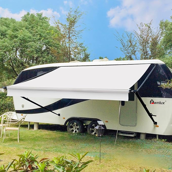 Awnlux Black Manual Modular Retractable RV Awning Full Set Assemblies for RV, 5th Wheel, Travel Trailers, Toy Haulers, and Motorhome - RV Trailer Awning for Home or Camper - 12x8 Ft - Solid White