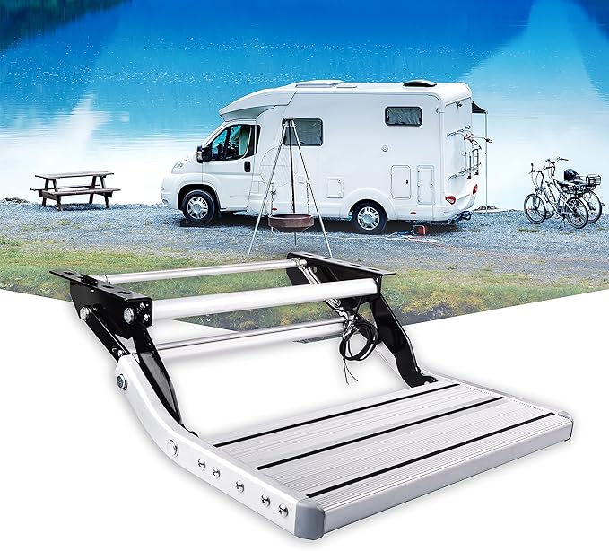 Manual Aluminum Alloy Folding Single Step with LED Light, Ladder, Telescopic Anti Skid, for Motorhome RV Camper Van Travel Trailer Caravan
