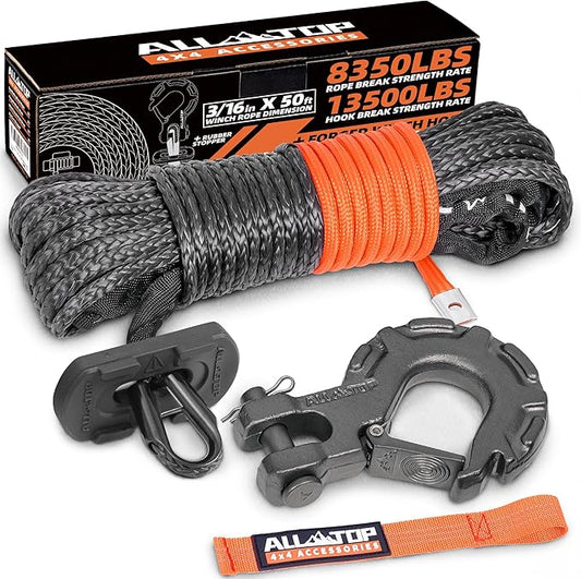 ALL-TOP Synthetic Winch Rope w/Hook & Isolator, 3/16in x 50ft, 8350Lbs UHMWPE Cable Replace Kit, Forged Hook & Rubber Stopper & Safety Pull Strap