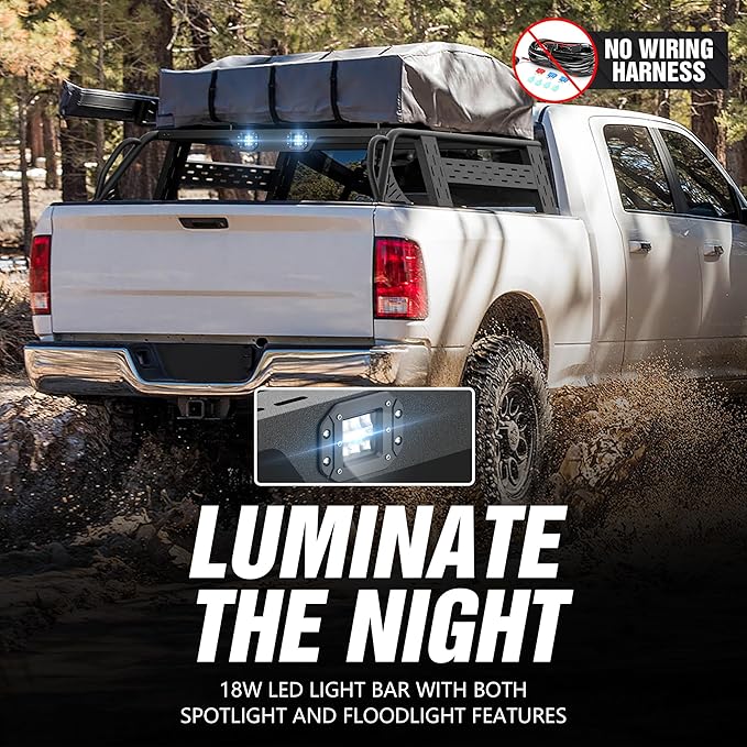 13.8" High Overland Bed Racks Truck Cargo Carrier Compatible with 2009-2018 Dodge Ram 1500/2500/3500 with 2 LED Lights and Bed Rails, Full-Size Truck Rear Ladder Rack Back Cross Bars