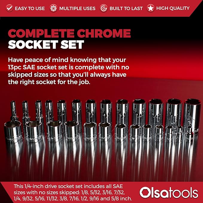 Olsa Tools SAE Deep Socket Set - 1/4-Inch Drive, 13pc - 6-Point Chrome Sockets from 1/8" to 5/8" and No Skipped Sizes - Mechanic Deep SAE Socket Set - Professional Grade Long Sockets - Part: 1329