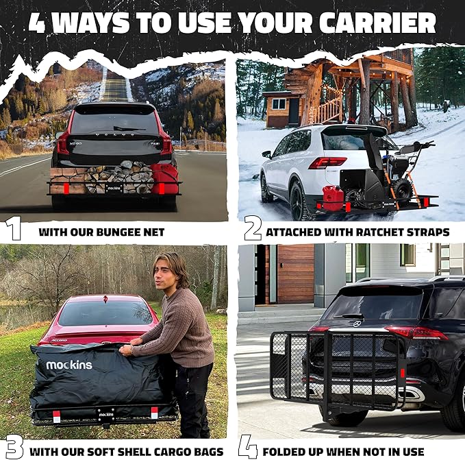 Mockins 60"x20"x6" Trailer Hitch Cargo Carrier | 500 lbs. Capacity 2" Receiver Hitch Rack Luggage Carrier & Cargo Trailer Accessories | Weatherproof Steel Folding Luggage Rack for Car, SUV & Truck