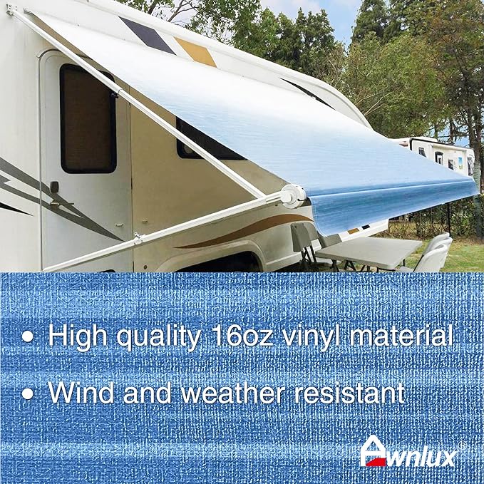 Awnlux White Manual Modular Retractable RV Awning Full Set Assemblies for RV, 5th Wheel, Travel Trailers, Toy Haulers, and Motorhome - RV Trailer Awning for Home or Camper - 17x8 Ft-Blue Strip