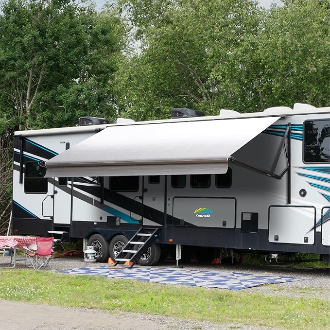 Suncode Black Motorized RV Awning Modular Retractable RV Awning Complete Kit for RV,5th Wheel,Travel Trailers,Toy Haulers,and Motorhome RV Trailer Awning for Home or Camper-15x8Ft-Sliver Fade