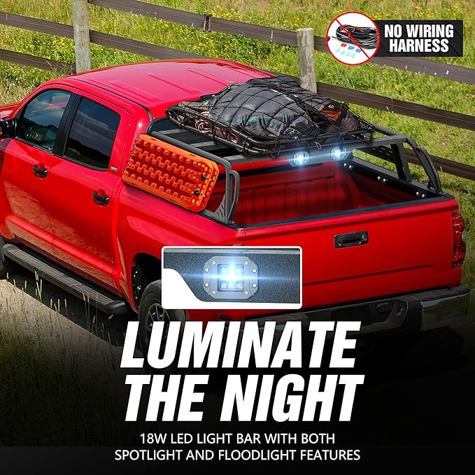 13.8" High Overland Bed Racks Truck Cargo Carrier Compatible with 2014-2021 Toyota Tundra with 2 LED Lights and Bed Rails, Full-Size Truck Rear Ladder Rack Back Cross Bars