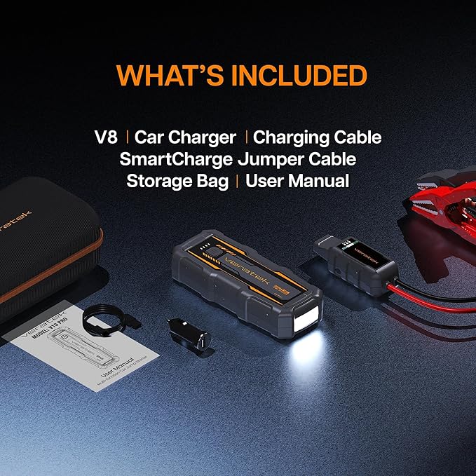 V8 Pro 3000A Car Battery Jump Starter Portable (8.0L Gas & 6.0L Diesel) – 12V Lithium Battery Booster Pack with SmartCharge Safety, Jumper Cables, 20000mAh Power Bank, Jump Box, LED Light