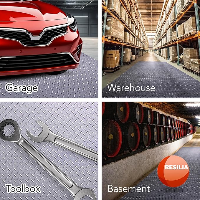 RESILIA Heavy Duty Garage Floor Runner & Protector Mat - Slip Resistant Diamond Plate PVC Mats - Water, Spill, & Stain Resistant, Silver (4 feet x 20 feet)