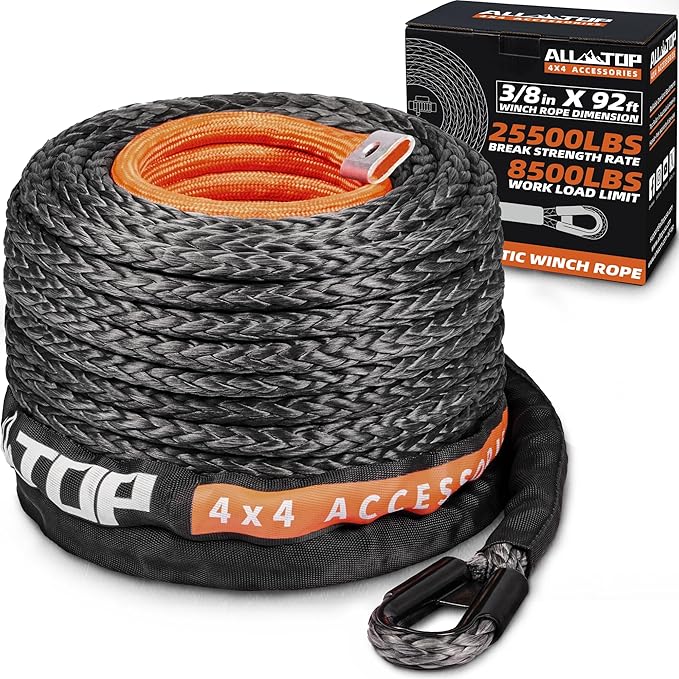 ALL-TOP Synthetic Winch Rope Cable, 3/8" x92ft, 25500LBS Winch Replace Line with Protective Sleeve for Offroad Vehicle SUV Truck