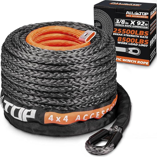 ALL-TOP Synthetic Winch Rope Cable, 3/8" x92ft, 25500LBS Winch Replace Line with Protective Sleeve for Offroad Vehicle SUV Truck