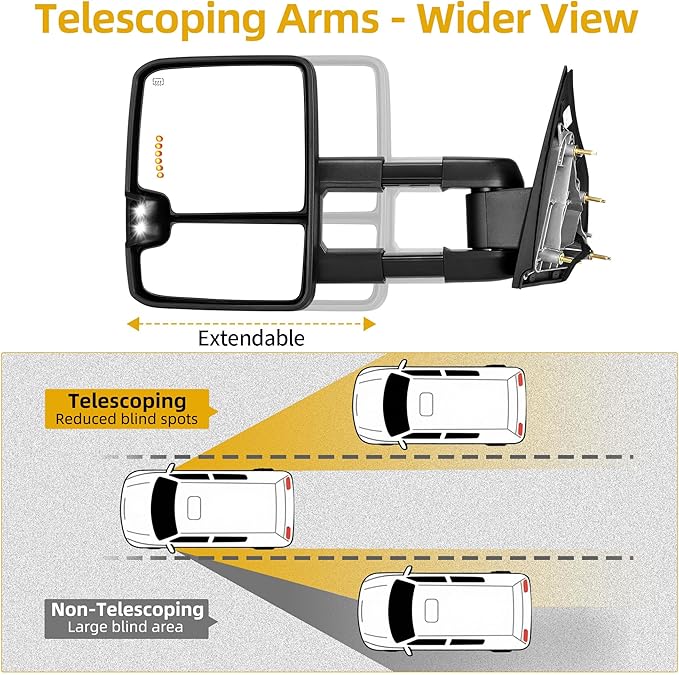 DWVO Tow Mirrors for 2014-2018 Chevy Silverado GMC Sierra 1500 2500HD 3500HD, Adjustable Foldable Side Mirrors with LED Turn Signals and Heated Power