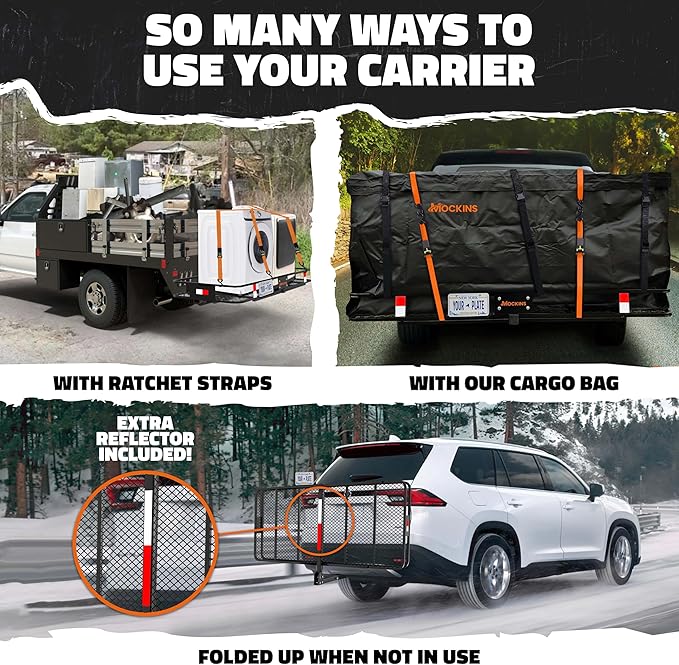 Mockins XXL 70"x30"x6" Folding Trailer Hitch Cargo Carrier w/License Plate Bracket | 500 Lbs Cap Steel Luggage Rack for SUV Car & Truck w/ 40 CuFt Waterproof Cargo Bag for Hitch Carrier & Accessories