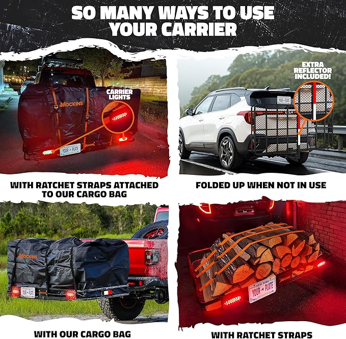 Mockins XXL 72"x36"x6" Folding Trailer Hitch Cargo Carrier w/ 50 CuFt Waterproof Cargo Bag for Hitch Carrier | 500 Lbs Cap Luggage Rack for SUV Car & Truck w/Rear Lights, License Plate Holder & More
