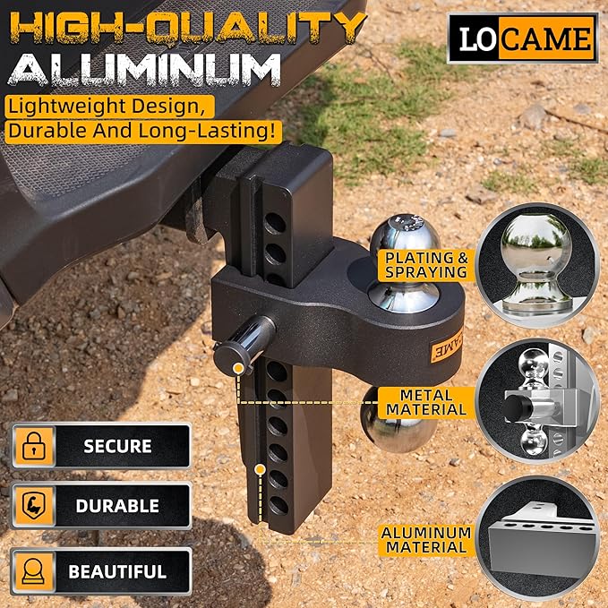 LOCAME Adjustable Trailer Hitch, Fits 2-Inch Receiver Only, 10-Inch Drop/Rise Aluminum Drop Hitch,12,500 LBS GTW-Tow Hitch for Heavy Duty Truck with Double Stainless Steel Locks, Black, LC0023