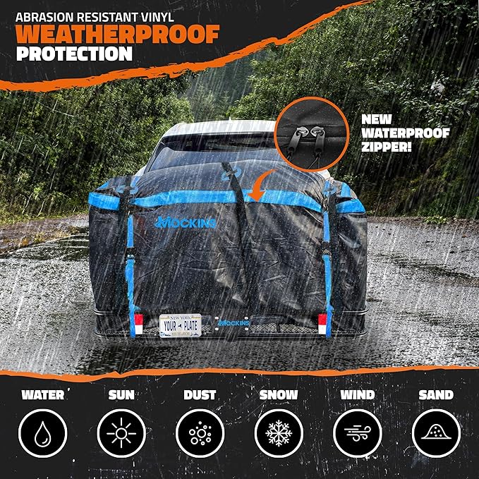 Mockins 60"x24"x6" Folding Trailer Hitch Cargo Carrier w/ 25 CuFt. Soft Vinyl Waterproof Cargo Bag for Hitch Carrier | 500 Lbs. Capacity Set w/License Plate Holder, Stabilizer, Locks, Straps, & Net