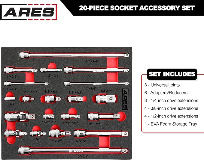 ARES 40003-20-Piece Socket Accessory Set - Premium Chrome Vanadium Steel with Mirror Finish - Includes Socket Adapters, Extensions and Universal Joints