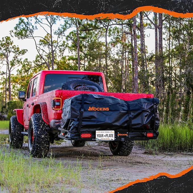 Mockins 60"x20"x6" Heavy Duty Trailer Hitch Cargo Carrier w/ 20 CuFt Waterproof Cargo Bag | 500 Lbs Cap All-Weather Folding Luggage Rack for SUV Car & Truck w/Rear Lights, License Plate Holder & More