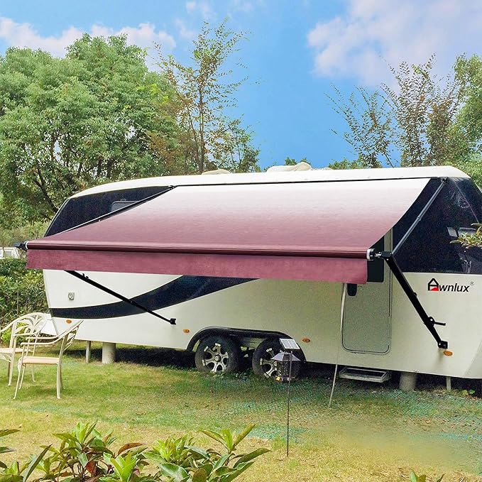 Awnlux Black Manual Modular Retractable RV Awning Full Set Assemblies for RV, 5th Wheel, Travel Trailers, Toy Haulers, and Motorhome - RV Trailer Awning for Home or Camper - 12x8 Ft - Burgundy Fade