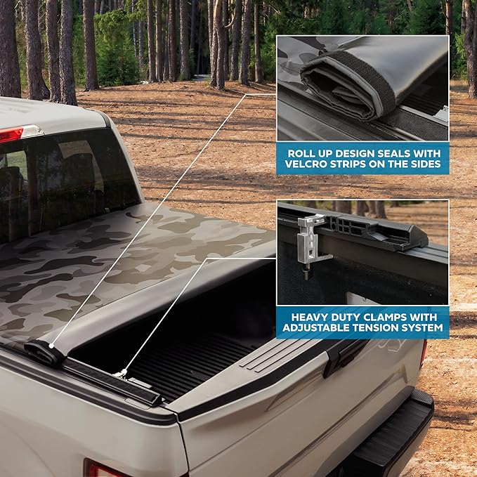 Camo Soft Roll-Up Truck Tonneau Cover for Chevy Silverado 1500 / GMC Sierra 1500 (2007-2018) with 5.8 ft Bed Length, All-Weather Retractable Truck Bed Cover with Black Camo Graphic