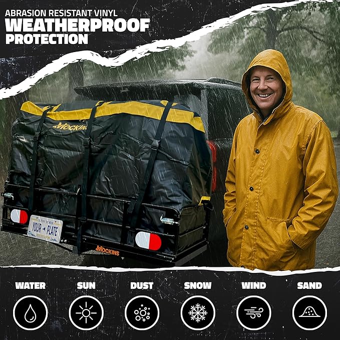 Mockins 60"x24"x14" High Rail Trailer Hitch Cargo Carrier w/License Plate Holder & 30 Cu.Ft. Waterproof Cargo Bag | All-Weather 500 Lbs. Cap Foldable Luggage Rack for SUV Truck & Car Carrier Storage