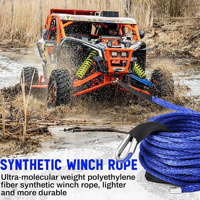Blue Synthetic Winch Rope 3/8'' x 50ft 26, 500 Lbs Synthetic Winch Line Cable Rope with Protective Sleeve for Off Road Vehicle 4WD SUV Truck ATV UTV SUV