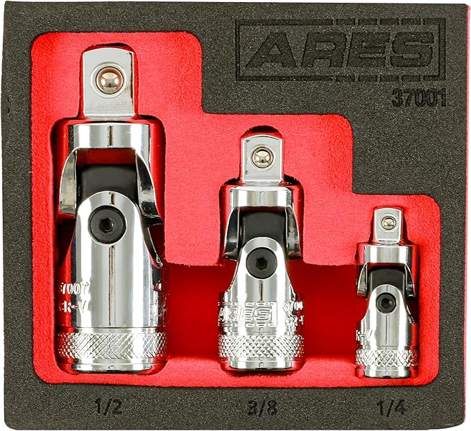 ARES 37001-3-Piece Universal Joint Socket Set - Includes 1/4-Inch, 3/8-Inch, and 1/2-Inch Drive U-Joints - EVA Foam Holder