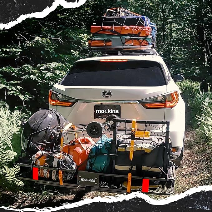 Mockins 60"x20"x6" Trailer Hitch Cargo Carrier | 500 lbs. Capacity 2" Receiver Hitch Rack Luggage Carrier & Cargo Trailer Accessories | Weatherproof Steel Folding Luggage Rack for Car, SUV & Truck