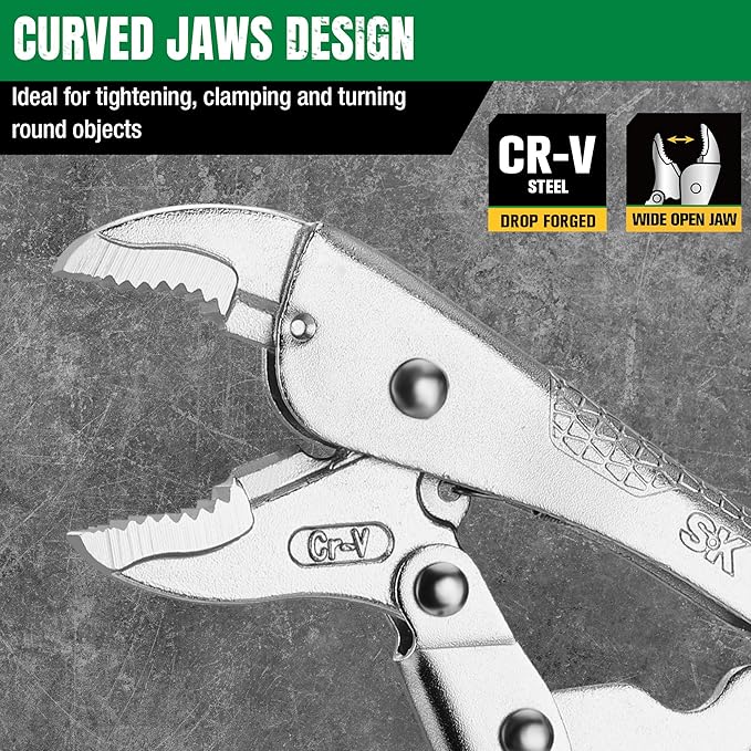 SK 7" Curved Jaw Locking Pliers, Premium CR-V Construction, Ergonomic Anti-slip Handle, Ideal for Welding or Assembly