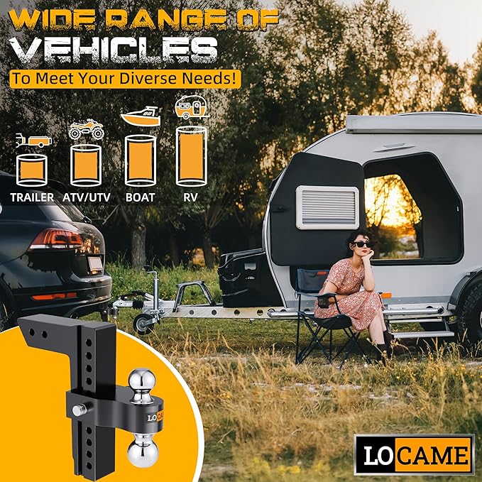 LOCAME Adjustable Trailer Hitch, Fits 2-Inch Receiver Only, 10-Inch Drop/Rise Aluminum Drop Hitch,12,500 LBS GTW-Tow Hitch for Heavy Duty Truck with Double Stainless Steel Locks, Black, LC0023