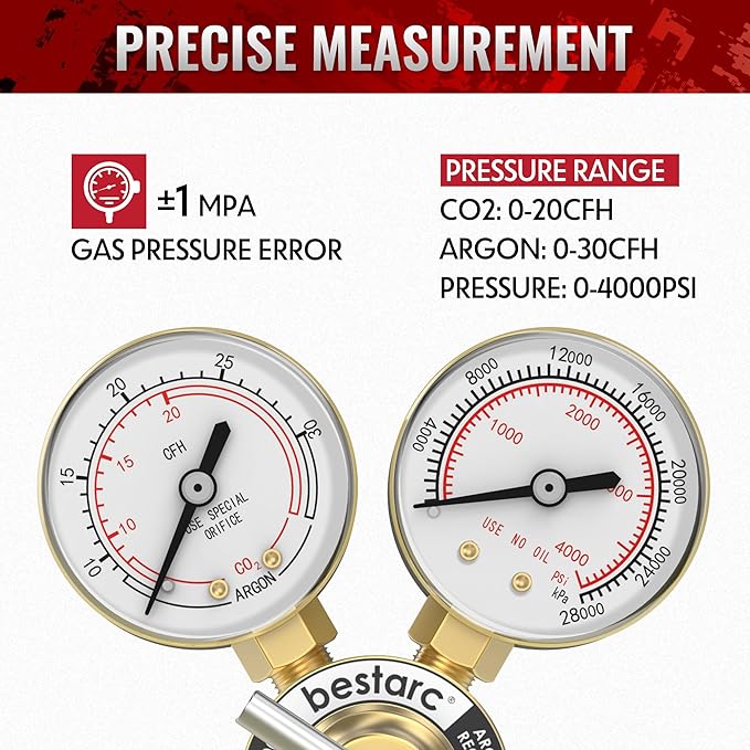 bestarc Argon CO2 Regulator Gauges Gas Welding with 9.8FT Gas Hose, CGA580 Inlet Connection, 0-4000PSI Input Pressure for MIG and TIG Welding