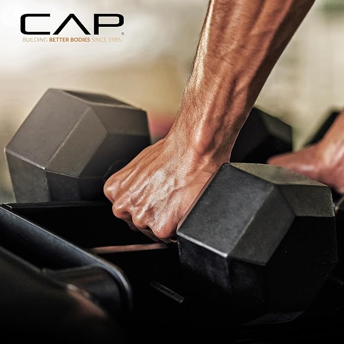 CAP Barbell Rubber Coated Dumbbell Weight Set with Vertical Rack | 100 lb, 150 lb, and 210 lb Options