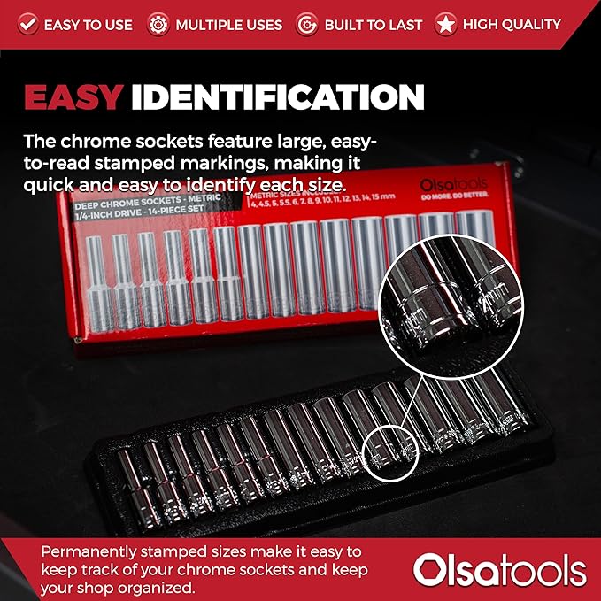 Olsa Tools Metric Deep Socket Set - 1/4-Inch Drive, 14pc - 6-Point Chrome Sockets from 4mm–15mm and No Skipped Sizes - Mechanic Deep Metric Socket Set - Professional Grade Long Sockets - Part: 1327