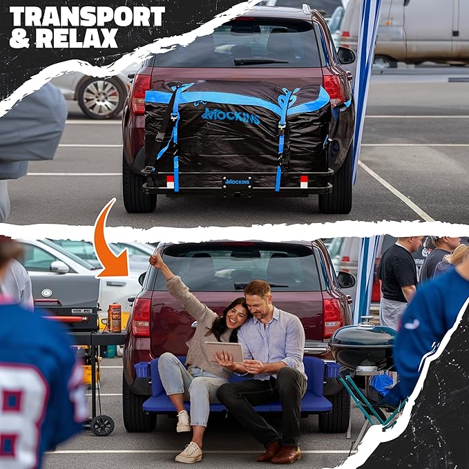 Mockins 2-in-1 Trailer Hitch Cargo Carrier Bench 48"x18"x6" w/ 15 CuFt Vehicle Soft Shell Carriers Bag | 500 Lbs. Capacity Folding Cargo Hitch Carrier Tailgate Seating Set w/Stabilizer, Straps & Lock