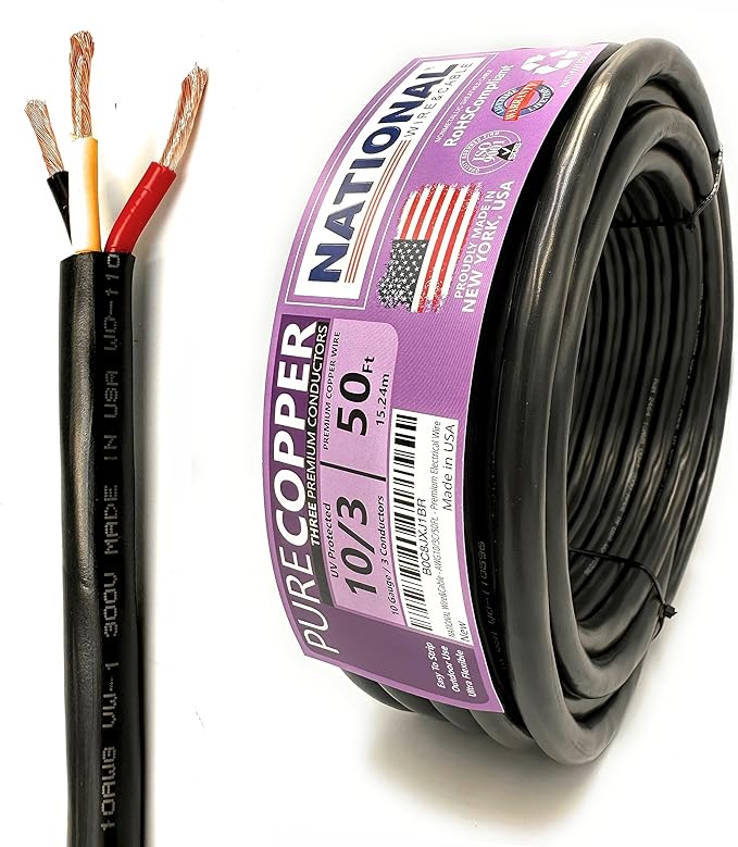 NATIONAL Wire & Cable – 10 AWG 3-Conductor Premium Copper Wire, 50 ft, Stranded | Made in USA, Heavy-Duty Flexible Jacket | Automotive, Solar, Battery, Indoor and Outdoor Use
