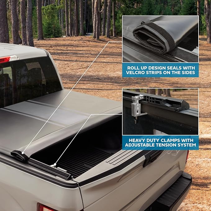 Black/Gray Tonneau Cover Soft Roll-up Truck Bed Protector All Weather Retractable for Chevrolet Chevy Silverado 1500 2019-2024 and GMC Sierra 1500 19-24 Short Bed 5.8 ft