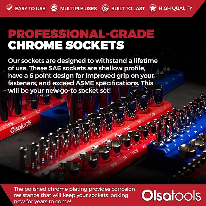 Olsa Tools SAE Shallow Socket Set - 3/8-Inch Drive, 13pc - 6-Point Chrome Sockets 1/4" to 1" and No Skipped Sizes - Mechanic Shallow SAE Socket Set - Professional Grade Short Sockets - Part: 1333