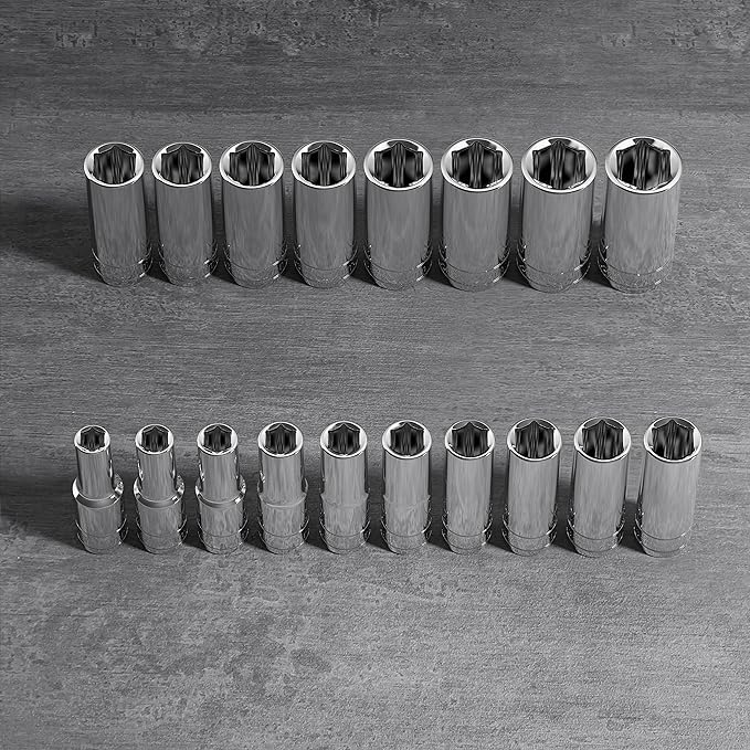 Olsa Tools Metric Deep Socket Set - 1/2-Inch Drive, 18pc - 6-Point Chrome Sockets from 10mm–27mm and No Skipped Sizes - Mechanic Deep Metric Socket Set - Professional Grade Long Sockets - Part: 1325