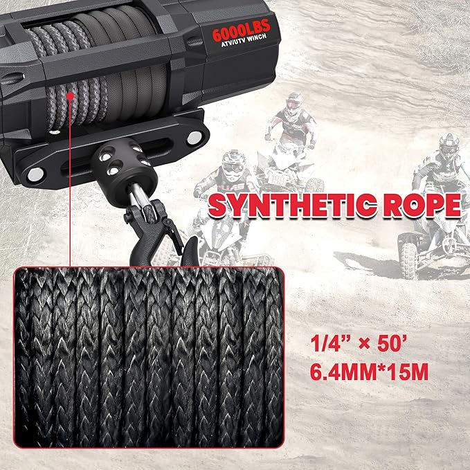 OPENROAD 6000 lbs UTV Winch, Waterproof IP67 Electric Trailer 6k Winch with 1/4"×50ft Synthetic Rope,Wireless Remote and Winch Stopper (6000lb with Mounting Plate)