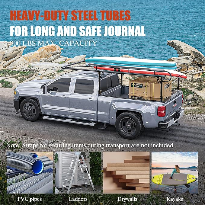 Universal Steel Over-Cab Truck Bed Rack Contractor Pickup Lumber Full Size Rack Adjustable for Kayak, Ladder, Surfboard, Lumber