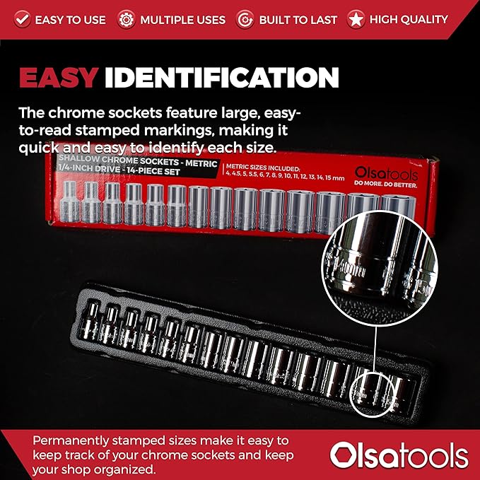 Olsa Tools Metric Shallow Socket Set - 1/4-Inch Drive, 14pc - 6-Point Chrome Sockets from 4mm–15mm and No Skipped Sizes - Mechanic Shallow Metric Socket Set - Professional Grade Sockets - Part: 1328