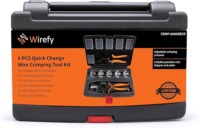 Wirefy Wire Crimping Tool Kit | Crimpers & 6 Slide in Dies | Ratcheting Wire Crimper Tool | Terminal Crimp Pliers | for Heat Shrink, Non Insulated, Open Barrel, Flag, Ferrule, Insulated Connectors
