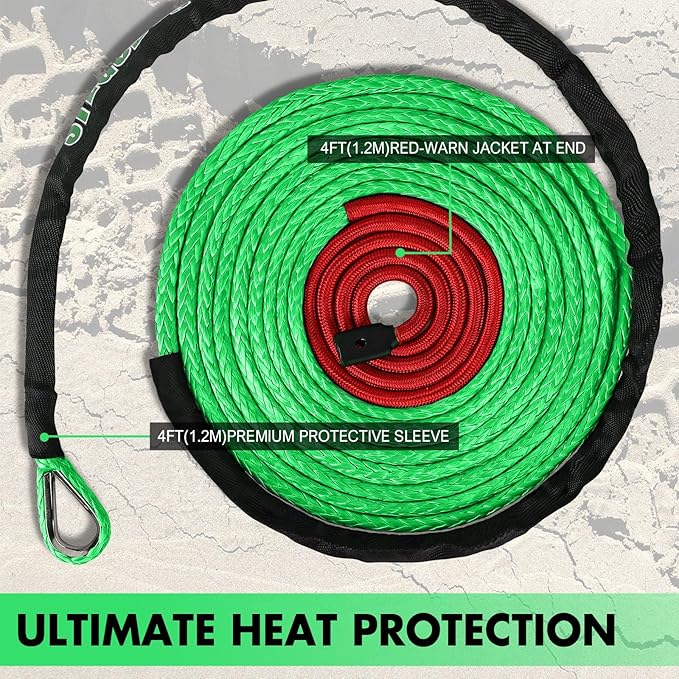 Synthetic Winch Rope, 3/8" x100ft 23809LBS Dyneema Winch Rope 3/8 Heavy Duty Winch Cable with Protective Sleeve Forged Winch Hook for 4WD Off Road Vehicle Truck SUV (Green)