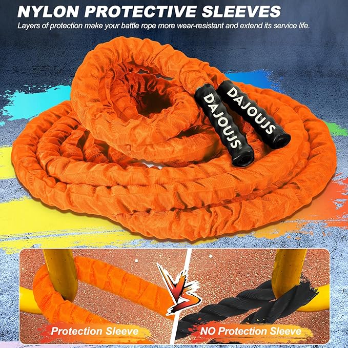 Battle Ropes for Home Gym 1.5Inch Diameter 30 FT Lengths Workout Heavy Battle Ropes for Exercise Training Weighted Ropes for Working Out Exercise Equipment with Protective Cove - Orange