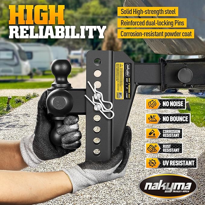 Adjustable Drop Hitch, 8 Inch Drop Trailer Hitch,Tri-Ball(1-7/8'', 2'', 2-5/16'') Hitch, Fits 2-Inch Receiver, Max 16,500 LBS GTW-Truck Trailer Hitch with Double Anti-Theft Pins Locks