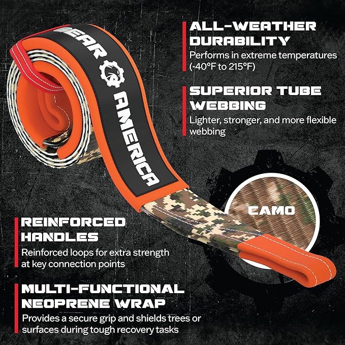 GearAmerica 3"x8' Heavy Duty Tree Saver Towing Sling - Winch Harness with 35,053 lbs Break Strength - Recovery Rope for Offroad, Weather Resistant + Triple Reinforced Loops (Camo)