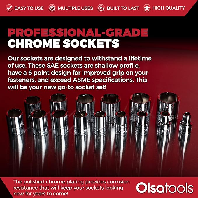 Olsa Tools SAE Shallow Socket Set - 1/2-Inch Drive, 18pc - 6-Point Chrome Sockets 3/8" to 1-1/4" and No Skipped Sizes - Mechanic Shallow SAE Socket Set - Professional Grade Sockets - Part: 1324