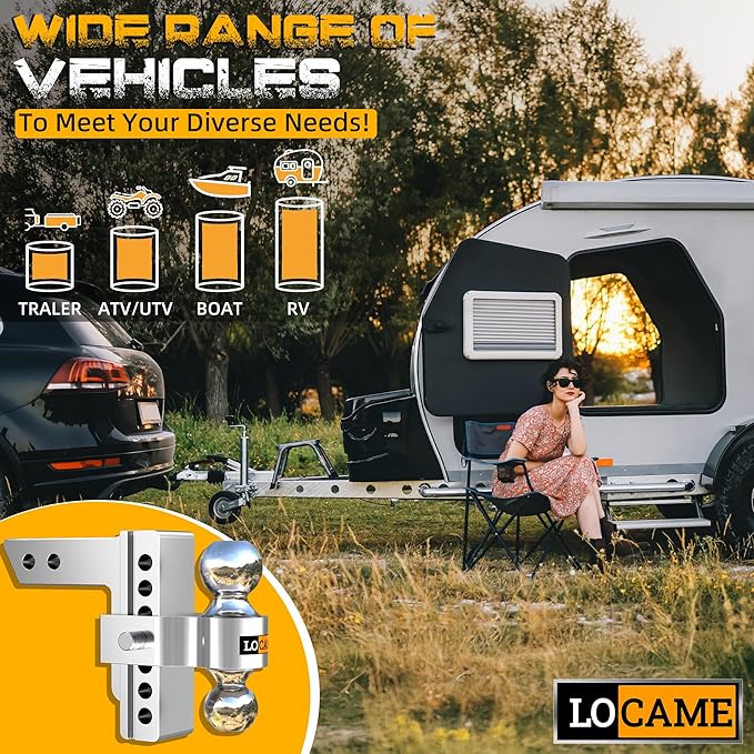 LOCAME Adjustable Trailer Hitch, Fits 2.5-Inch Receiver, 6-Inch Drop/Rise Aluminum Drop Hitch,18,500 LBS GTW-Tow Hitch for Heavy Duty Truck with Double Stainless Steel Locks, LC0026