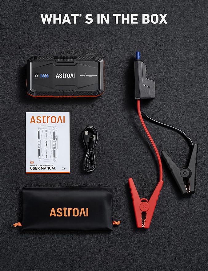 AstroAI S8 Car Battery Jump Starter, Car Jumper Starter Battery Pack for Up to 6.0L Gas & 3.0L Diesel Engines, 12V Portable Jump Box with 3 Modes Flashlight and Jumper Cable (Red)