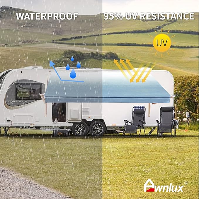 Awnlux White Motorized Modular Retractable RV Awning Full Set Assemblies for RV, 5th Wheel, Travel Trailers, Toy Haulers, and Motorhome - RV Trailer Awning for Home or Camper - 18x8 Ft - Blue Strip