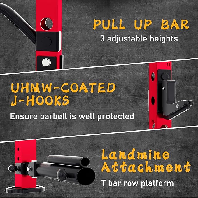 MU 2" x 2" Folding Squat Rack, 1100LBS Wall Mounted Power Rack with Adjustable Pull Up Bar, J Hooks, Landmine, Foldable Squat Rack for Home Gym, Garage, Training Studios (Black and Red)