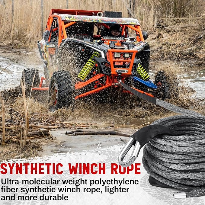 Gray Synthetic Winch Rope 3/8'' x 50ft 26, 500 Lbs Synthetic Winch Line Cable Rope with Protective Sleeve for Off Road Vehicle 4WD SUV Truck ATV UTV SUV